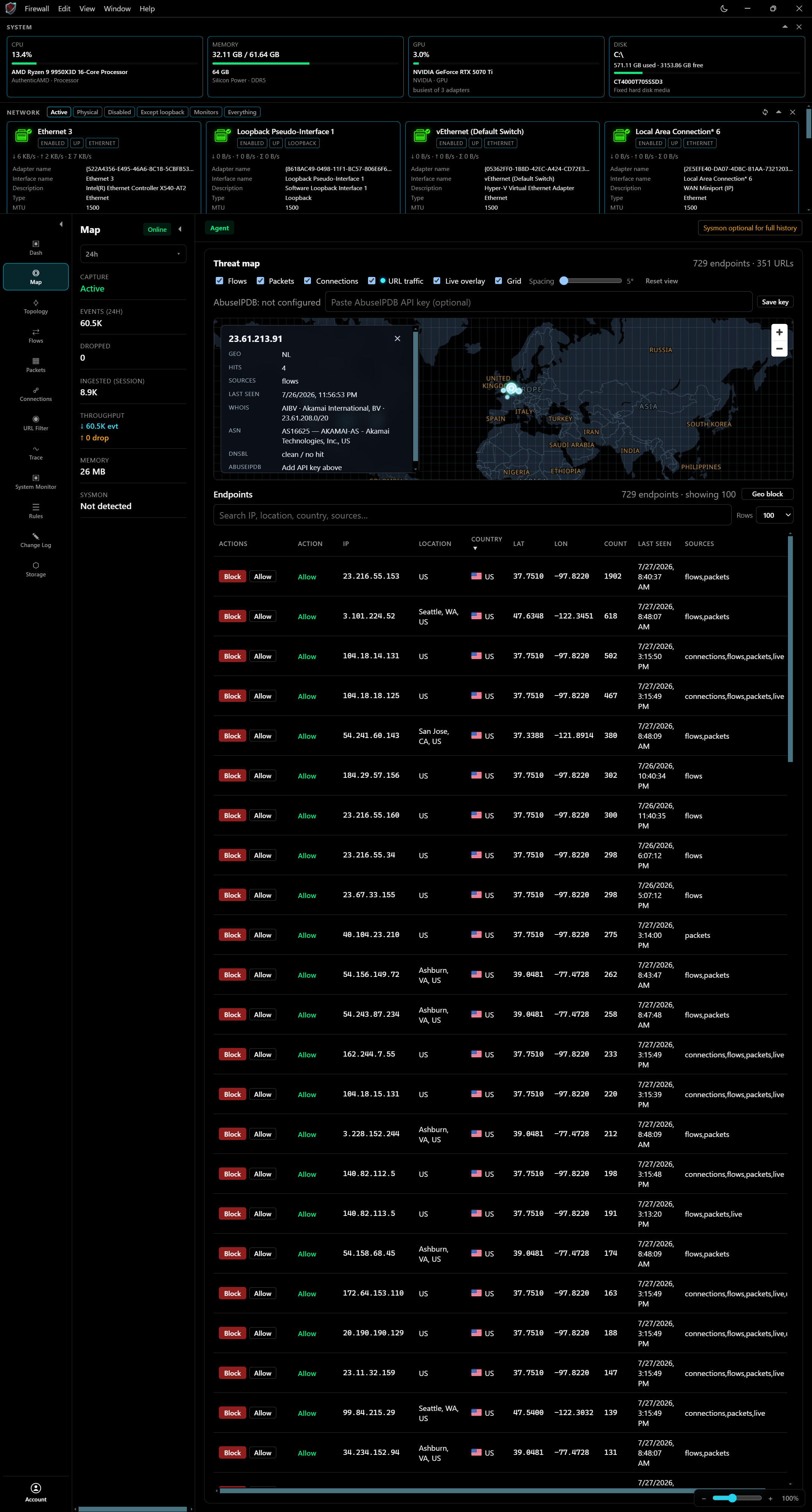 WinFirewallPro world map view of network endpoints
